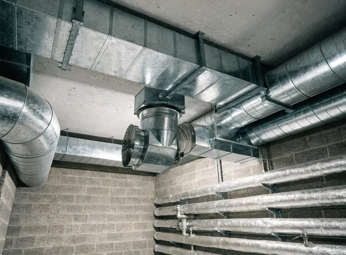 Lüftungskanäle und Abluftventilator in einem gewerblichen Technikraum